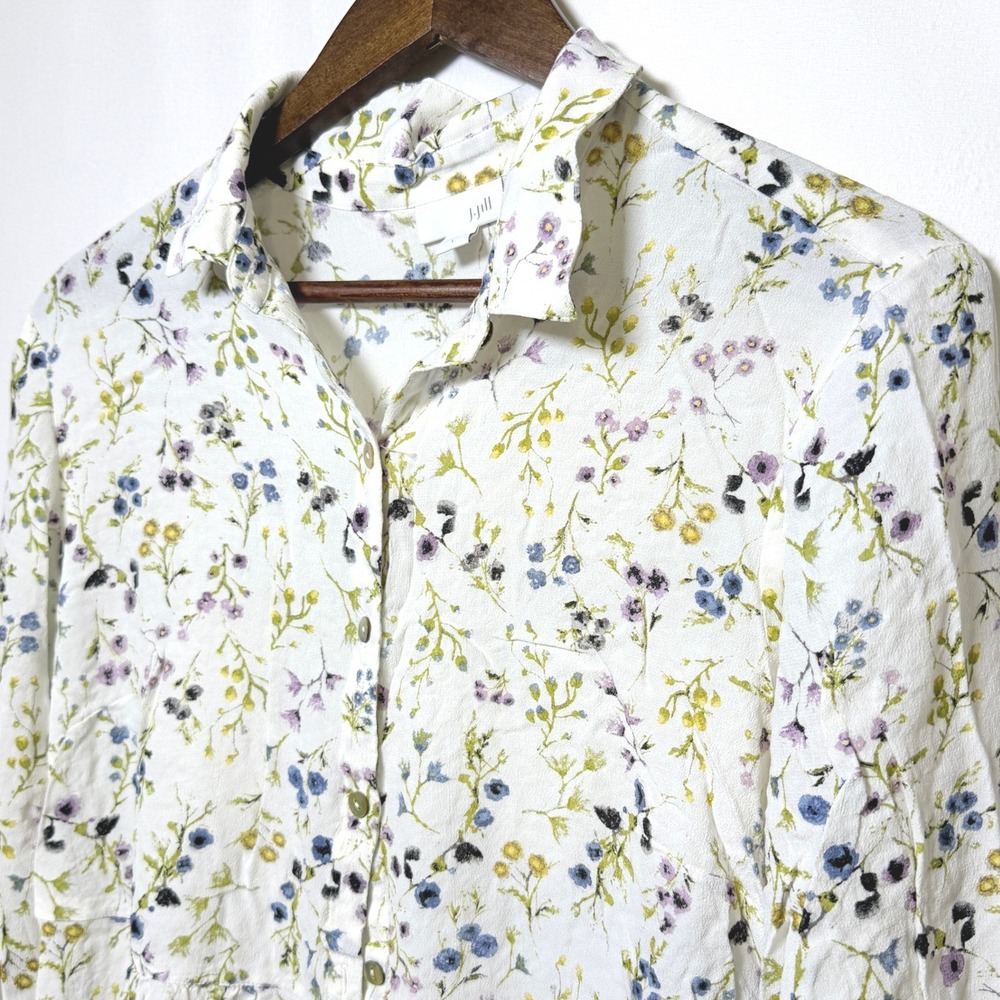 J. Jill Womens Floral Button Front Blouse Rayon High Low Top White Large L